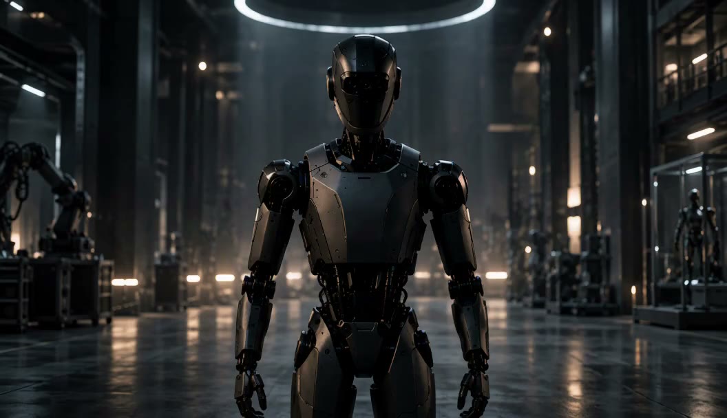 A humanoid robot standing in a dark robotics facility beneath a ring of light.